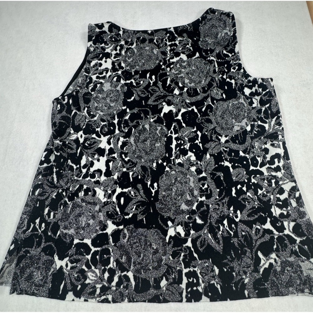 St John XL Black White Silver Floral Knit Shell Sleeveless Top Rayon USA Luxe - Picture 12 of 16